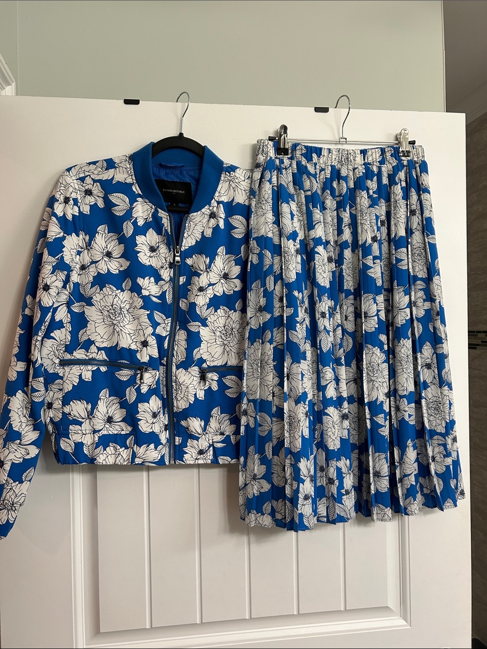 Banana Republic Blue and White Floral Bomber Jacket with matching skirt!